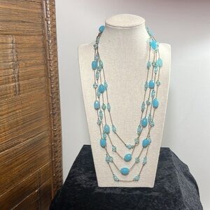 Talbots Vintage Double Strand Long Light Blue Beaded Gold Copper Tone Necklace